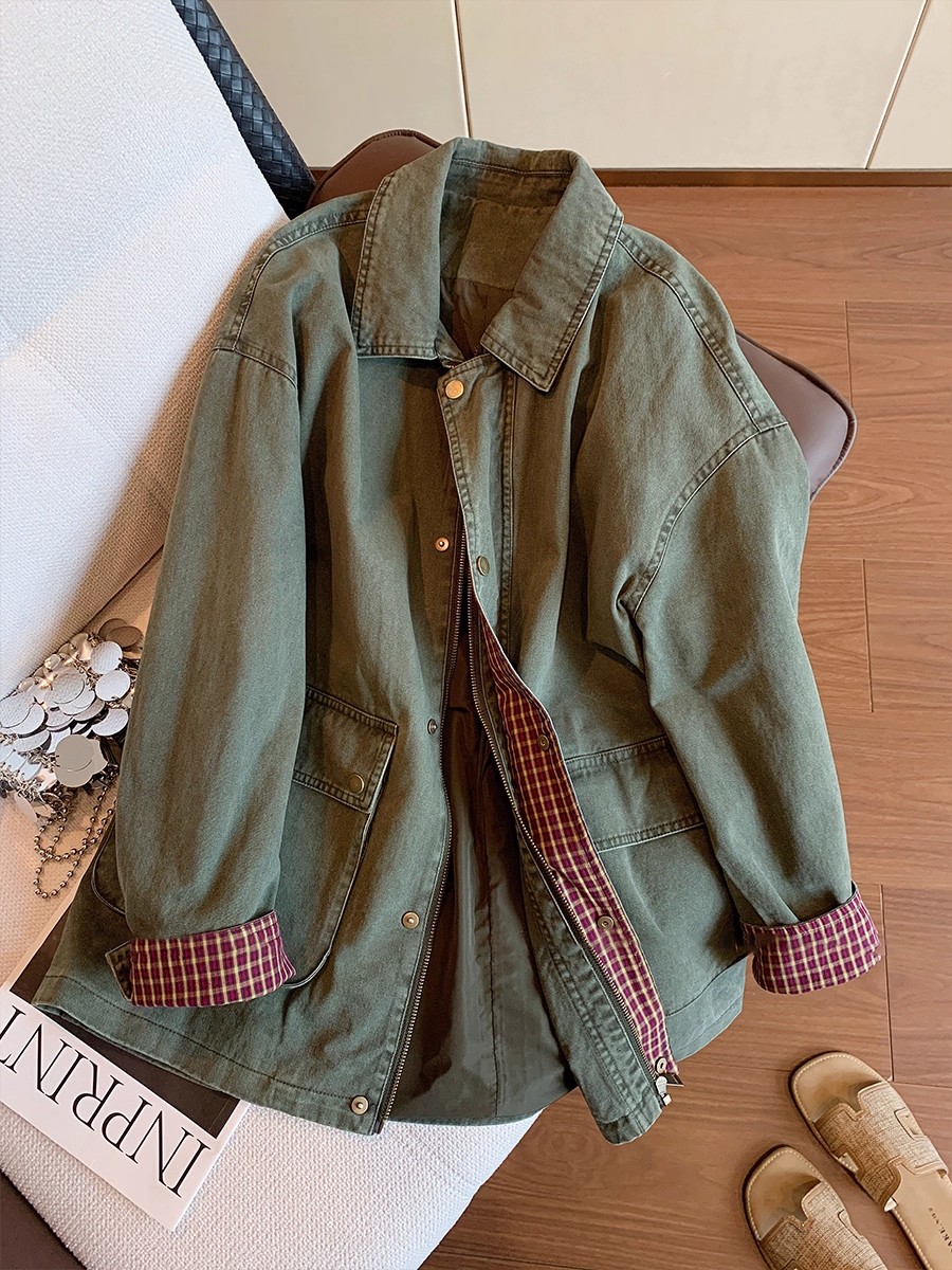Down Jacket Packable - Vintage Armeegrüne Jeansjacke Damen Plaid Patchwork