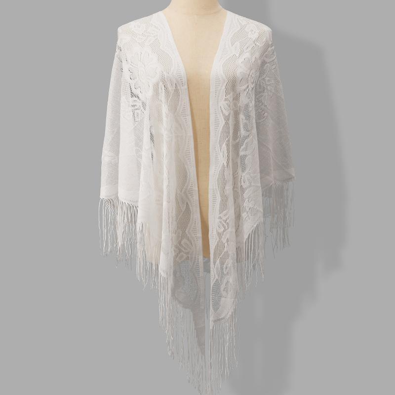 Shawl Wrap Winter - Quastenfransen-Brautumhang, dreieckiger, floraler, transparenter Spitzenschal für